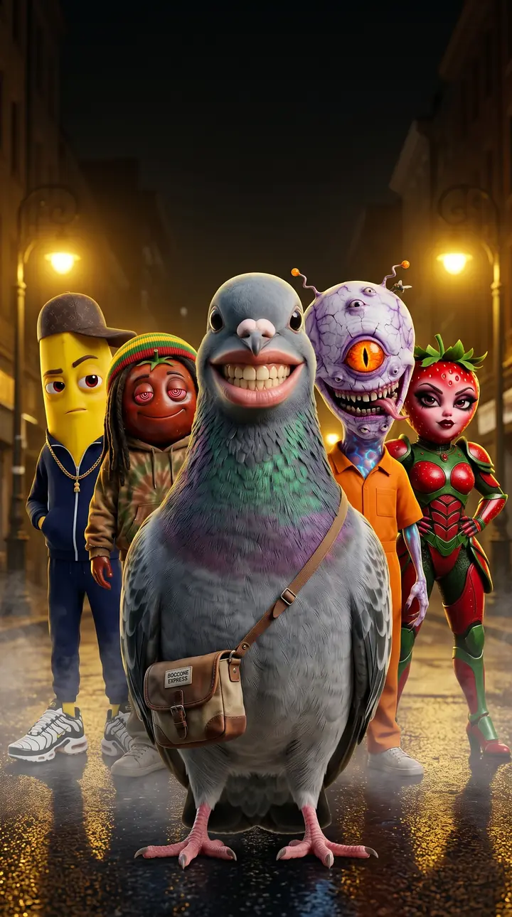 Un pigeon au grand sourire humain, entouré d’une banane en survêtement, d’une tomate en bonnet rasta, d’un alien à un œil et d’une fraise en armure, dans une rue la nuit sous les lampadaires.