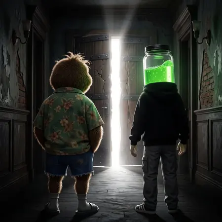 Kiwi et Fluo, de dos, face à une porte entrouverte d’où jaillit une lumière blanche, au fond d’un couloir sombre.